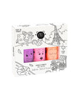 A set of three water-based nail polishes in pearly colors, packaged in a box with a black and white illustration of Paris.