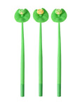 Three green pens with frogs sitting on a lily pad. Green frog, light yellow frog, light green frog. 