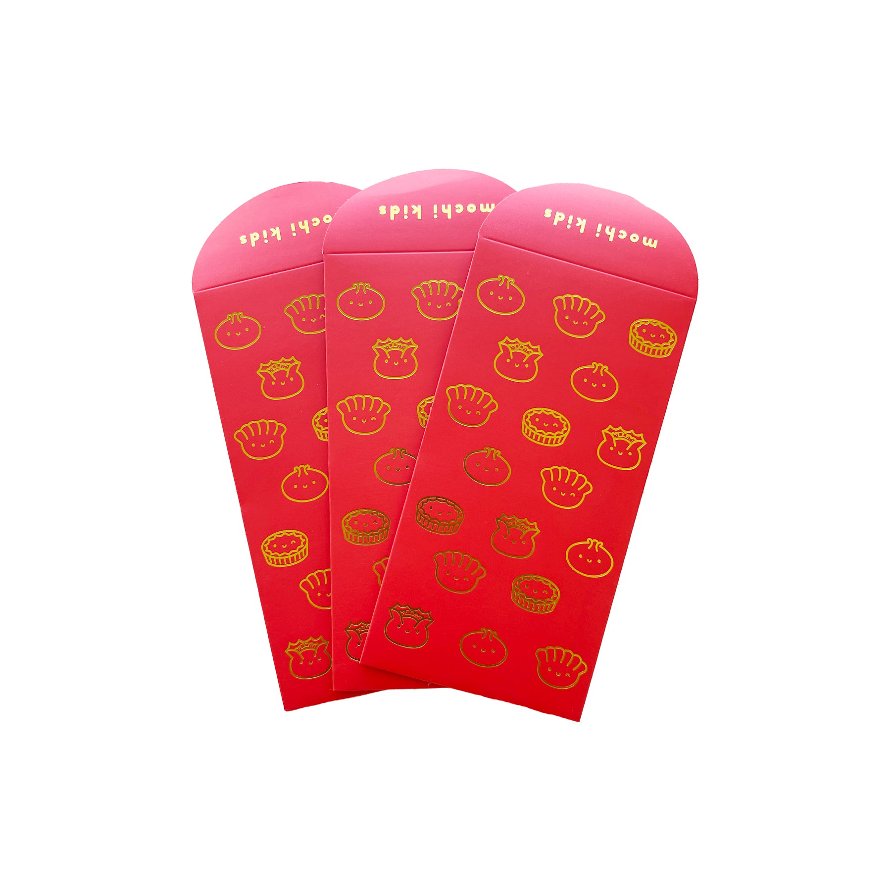 Three red Hóngbāo or Lucky Red Envelopes with various illustrated gold Dim Sum dishes with smiling faces.