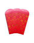 Three red Hóngbāo or Lucky Red Envelopes with various illustrated gold Dim Sum dishes with smiling faces.