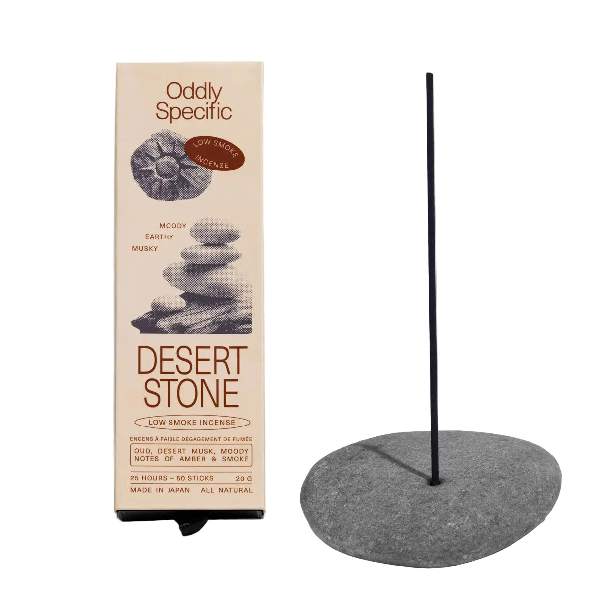 Desert Stone incense packaging with a black incense stick on a gray stone