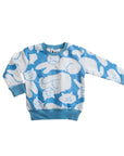 Blue sweater with white cat cloud pattern on a white background
