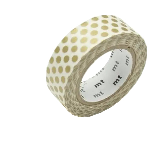 Roll of gold polka dot tape with 'mt' branding on a white background