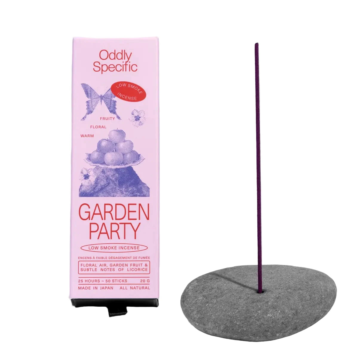 Incense stick with 'Oddly Specific' packaging on a white background. Garden Party scent, pink box with red text.