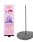 Incense stick with 'Oddly Specific' packaging on a white background. Garden Party scent, pink box with red text.