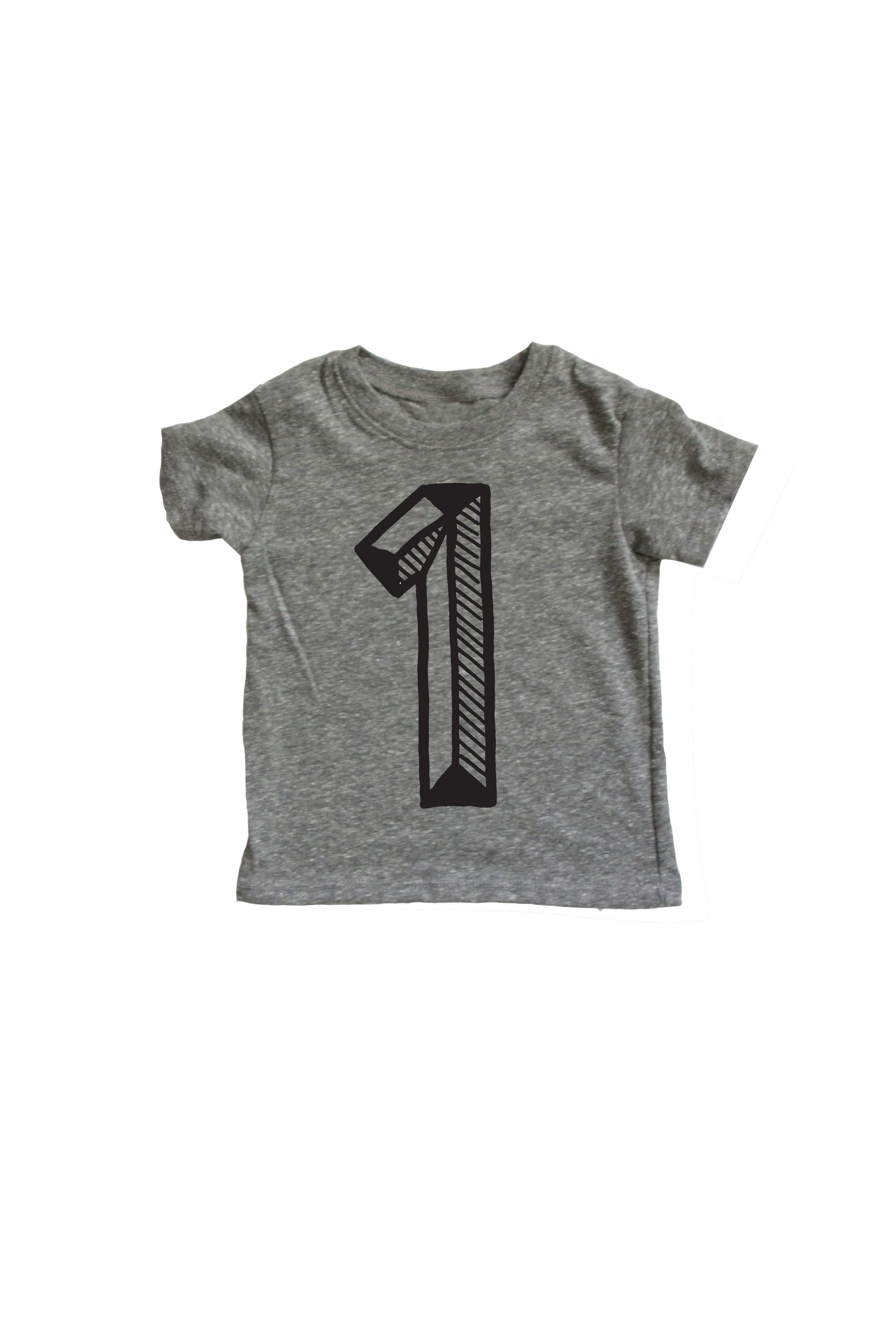 Gray tee screen printed with black number 1.