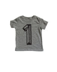 Gray tee screen printed with black number 1.