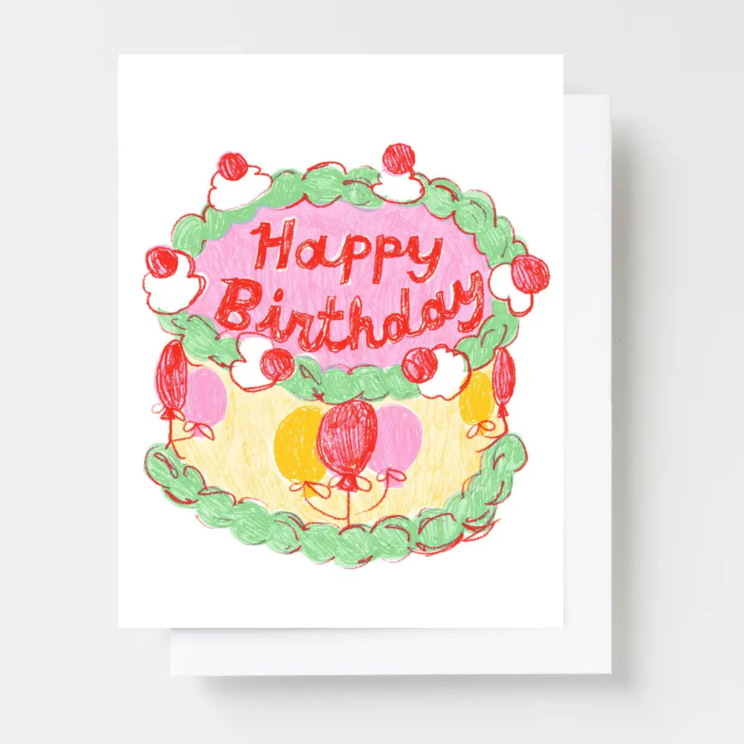 Happy Birthday Balloon Cake - Risograph Card