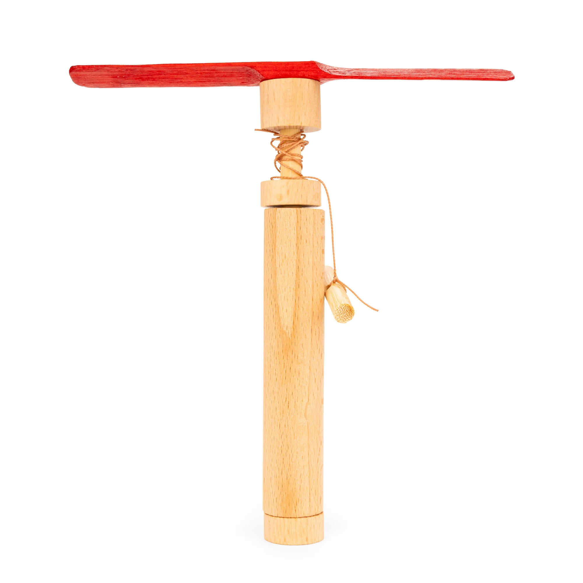 A wooden hand helicopter with red helicopter blades.