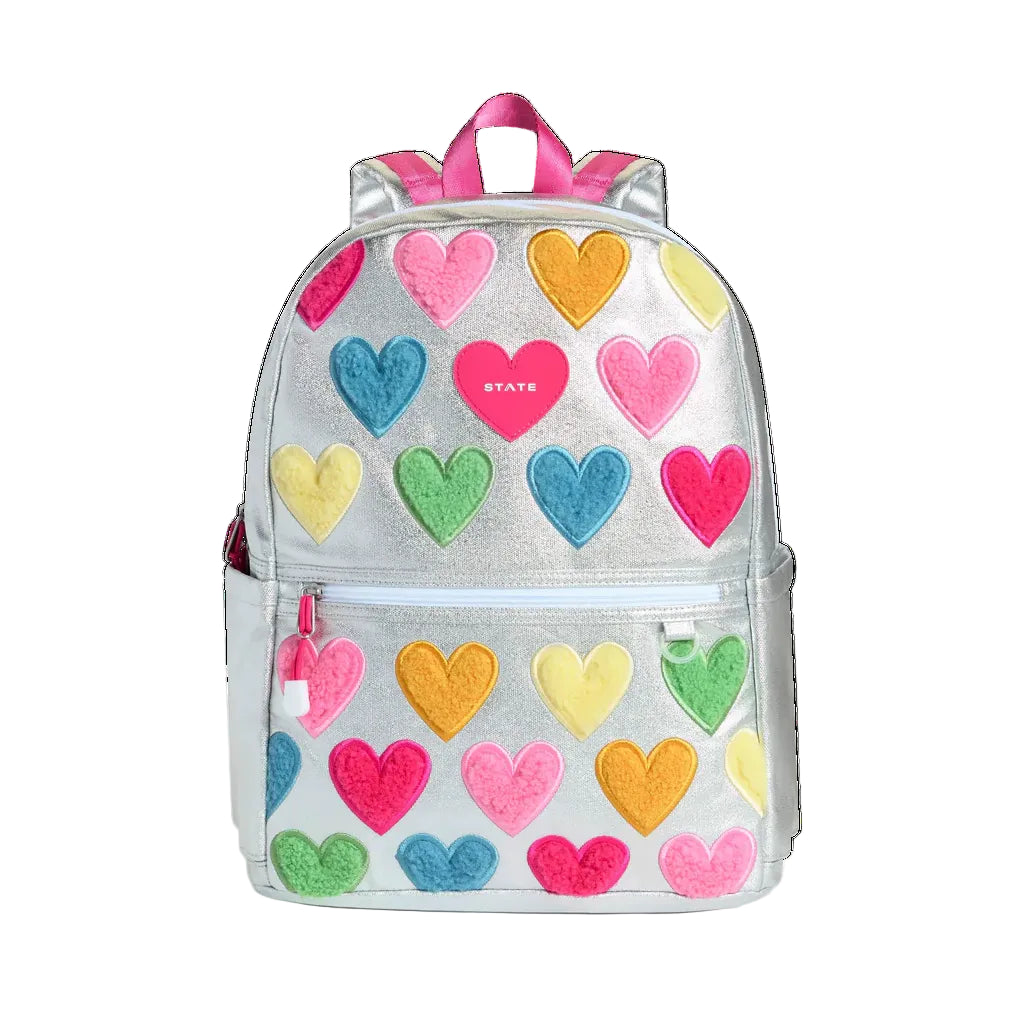 Metallic Happy Fuzzy Heart Kane Double Pocket Backpack