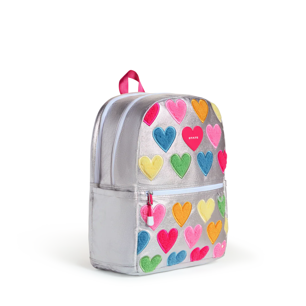 Metallic Happy Fuzzy Heart Kane Double Pocket Backpack