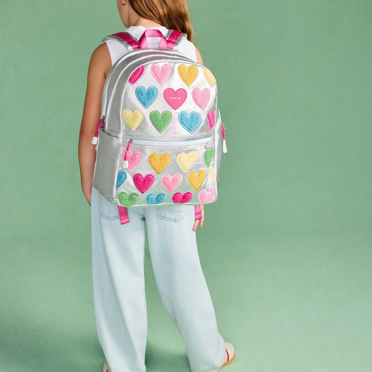 Metallic Happy Fuzzy Heart Kane Double Pocket Backpack