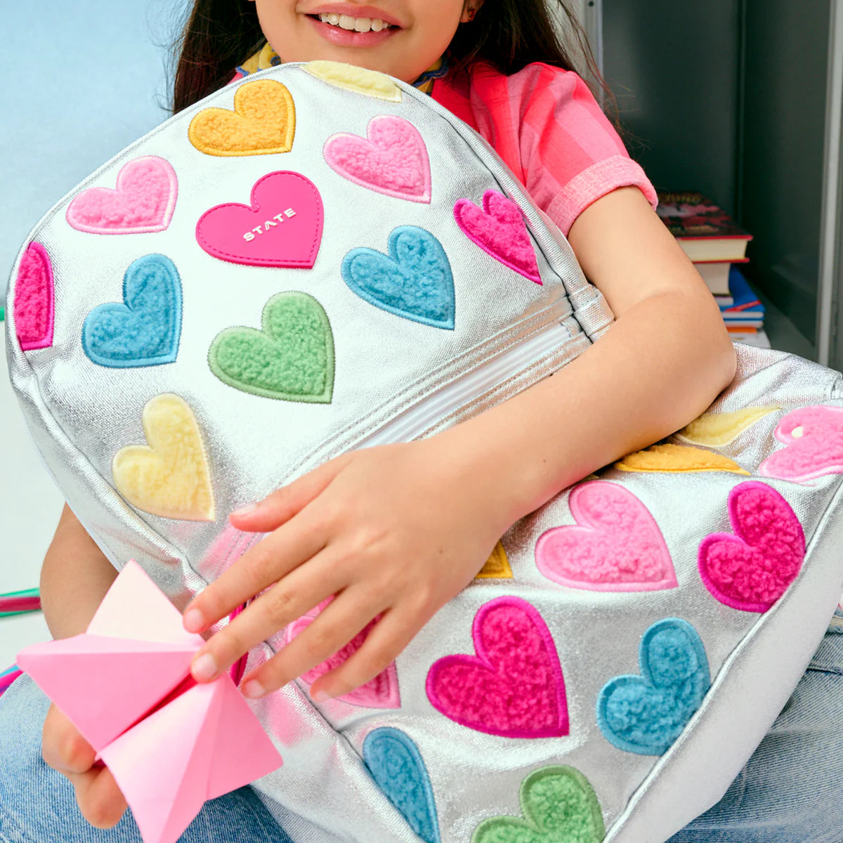 Metallic Happy Fuzzy Heart Kane Double Pocket Backpack