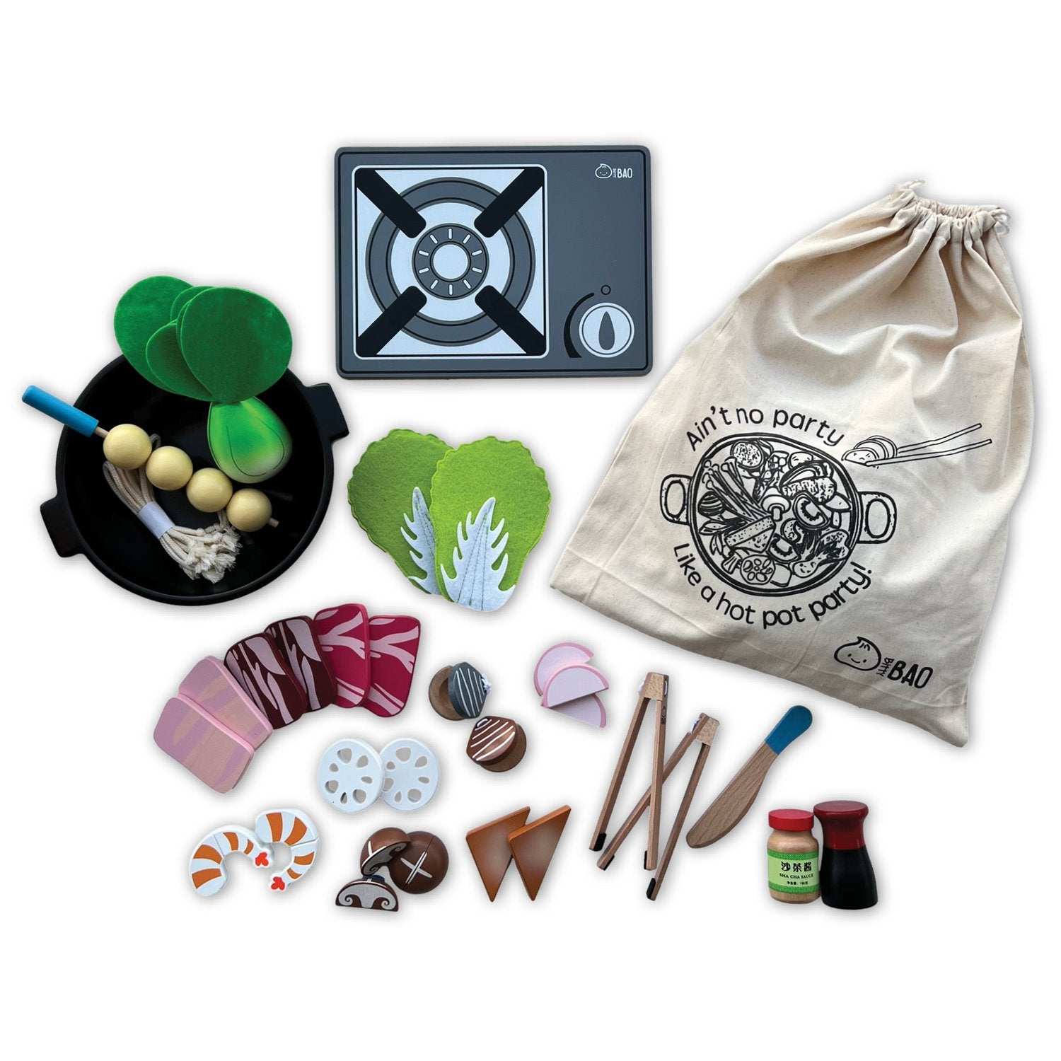 Wood hot pot set including meat vegetables utensils pot and burner with carry bag.