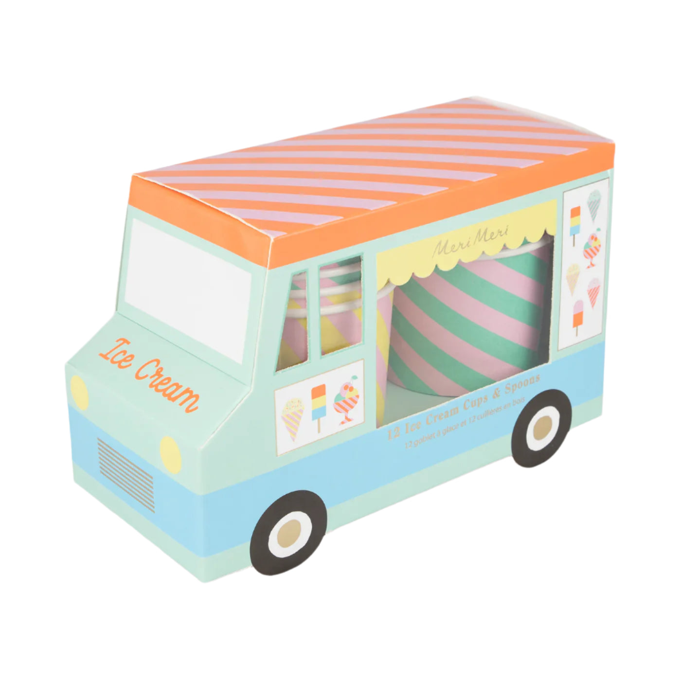 A colorful pastel ice cream truck box with 12 ice cream cups and spoons inside.