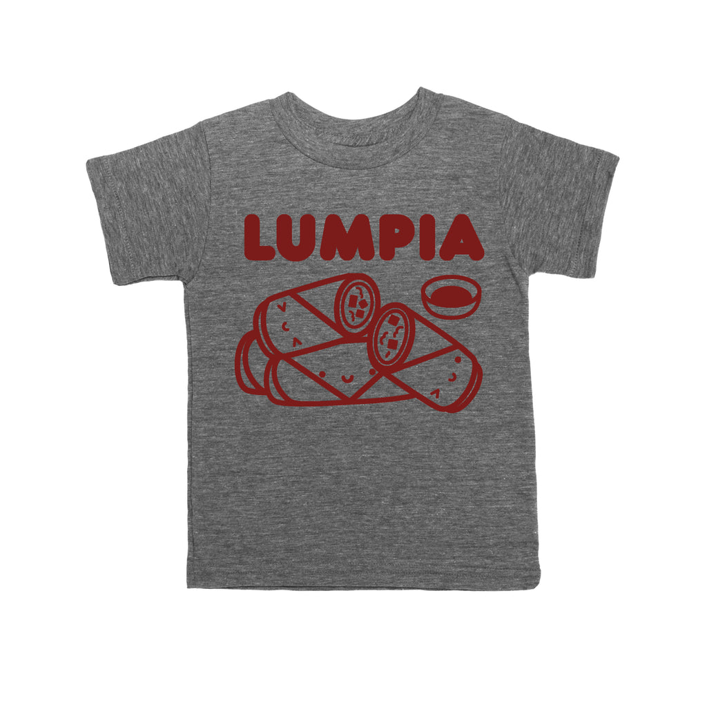 Grey tee screen printed with red ink text LUMPIA above three  smiling lumpia and dipping sauce.