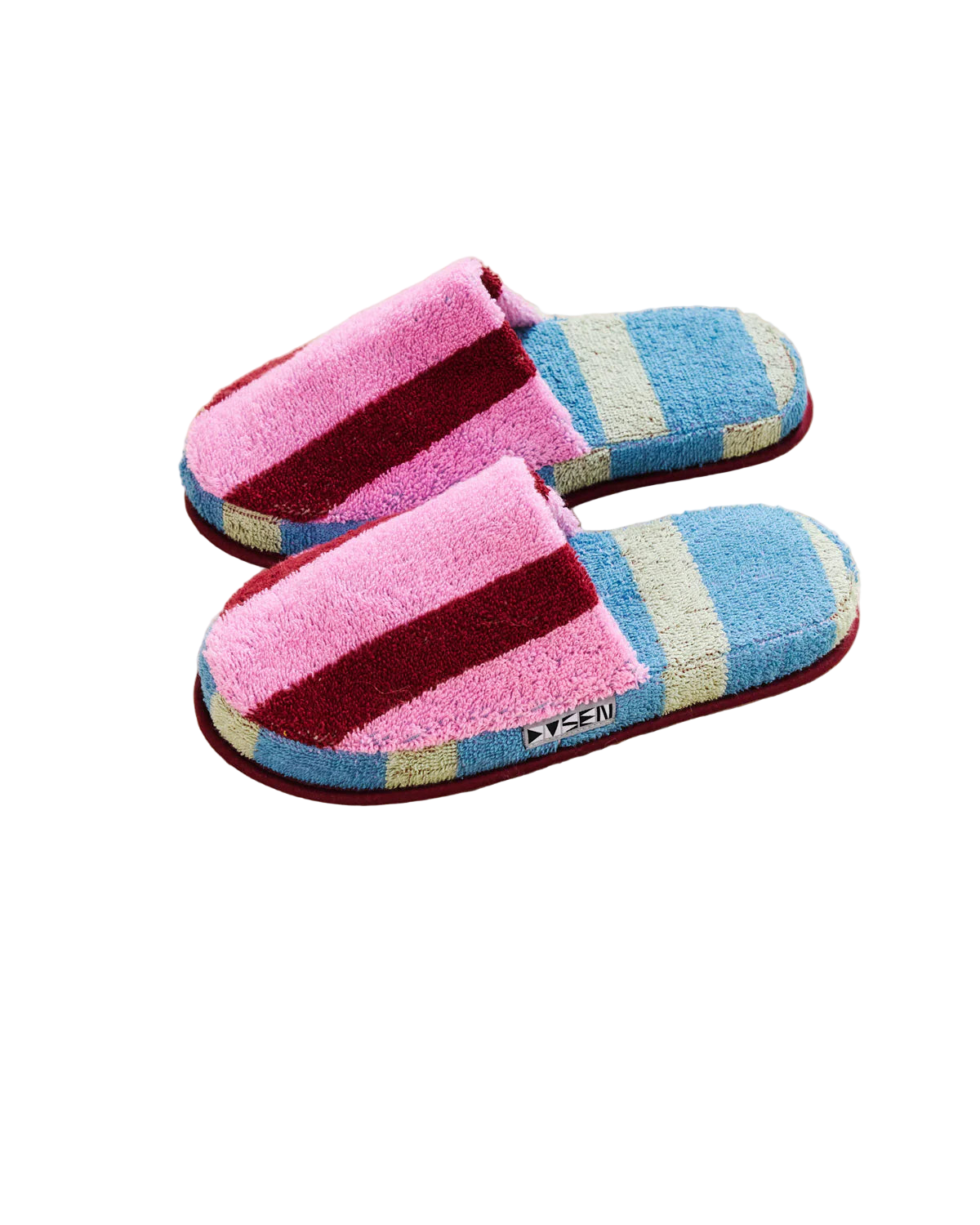 Pair of pink and magenta striped slippers.