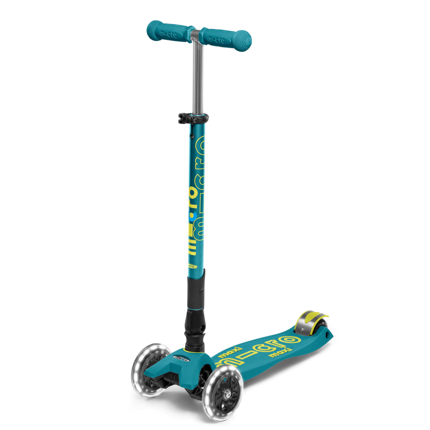 Teal and yellow three wheeled scooter with telescoping handlebars with light up wheels.