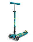 Teal and yellow three wheeled scooter with telescoping handlebars with light up wheels.