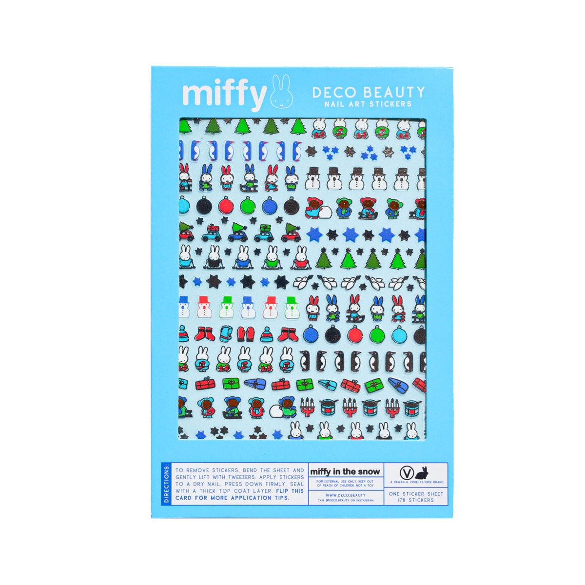Packaging of miffy Deco Beauty nail art stickers with various designs on a blue background.