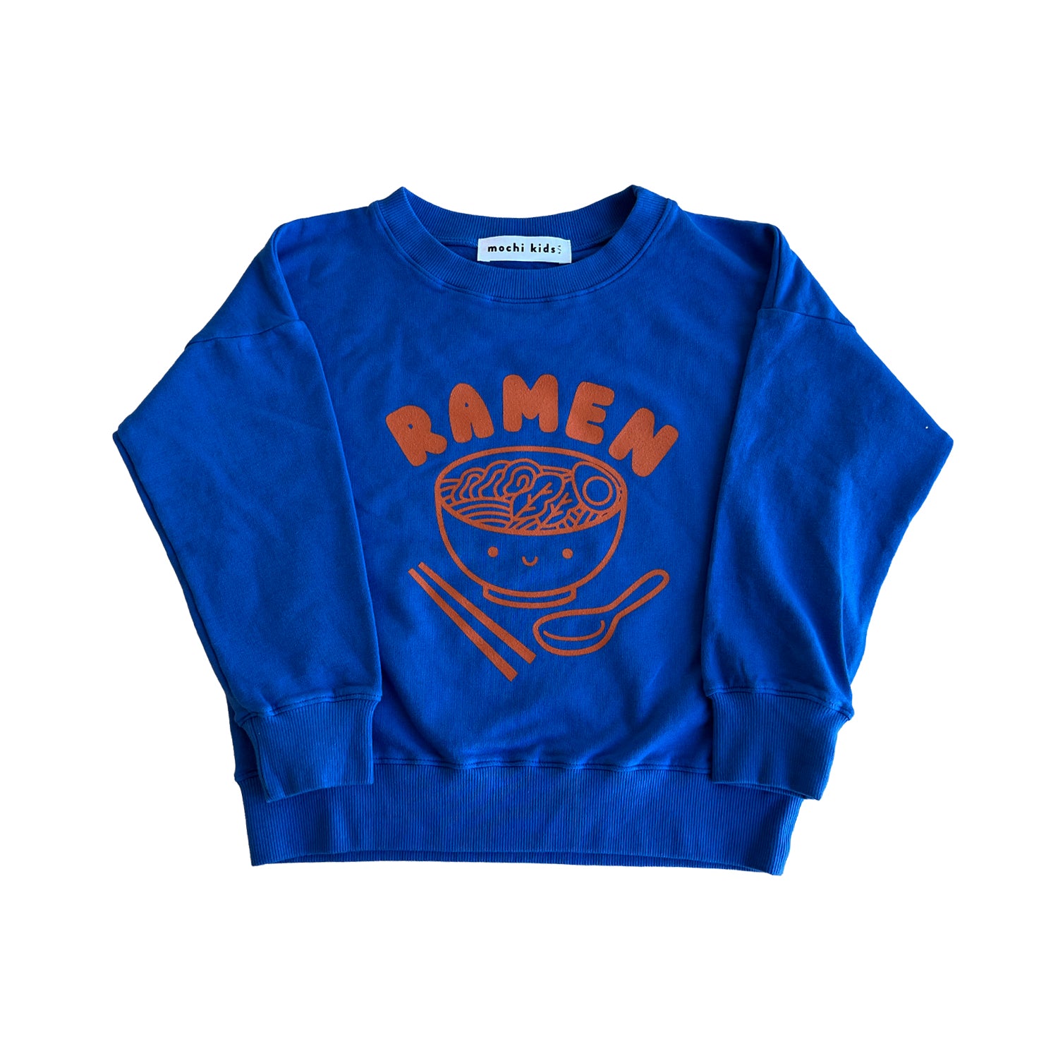 Blue sweatshirt screen printed with orange ink text RAMEN above a bowl of ramen with a smiley face, chopsticks, and soup spoon.