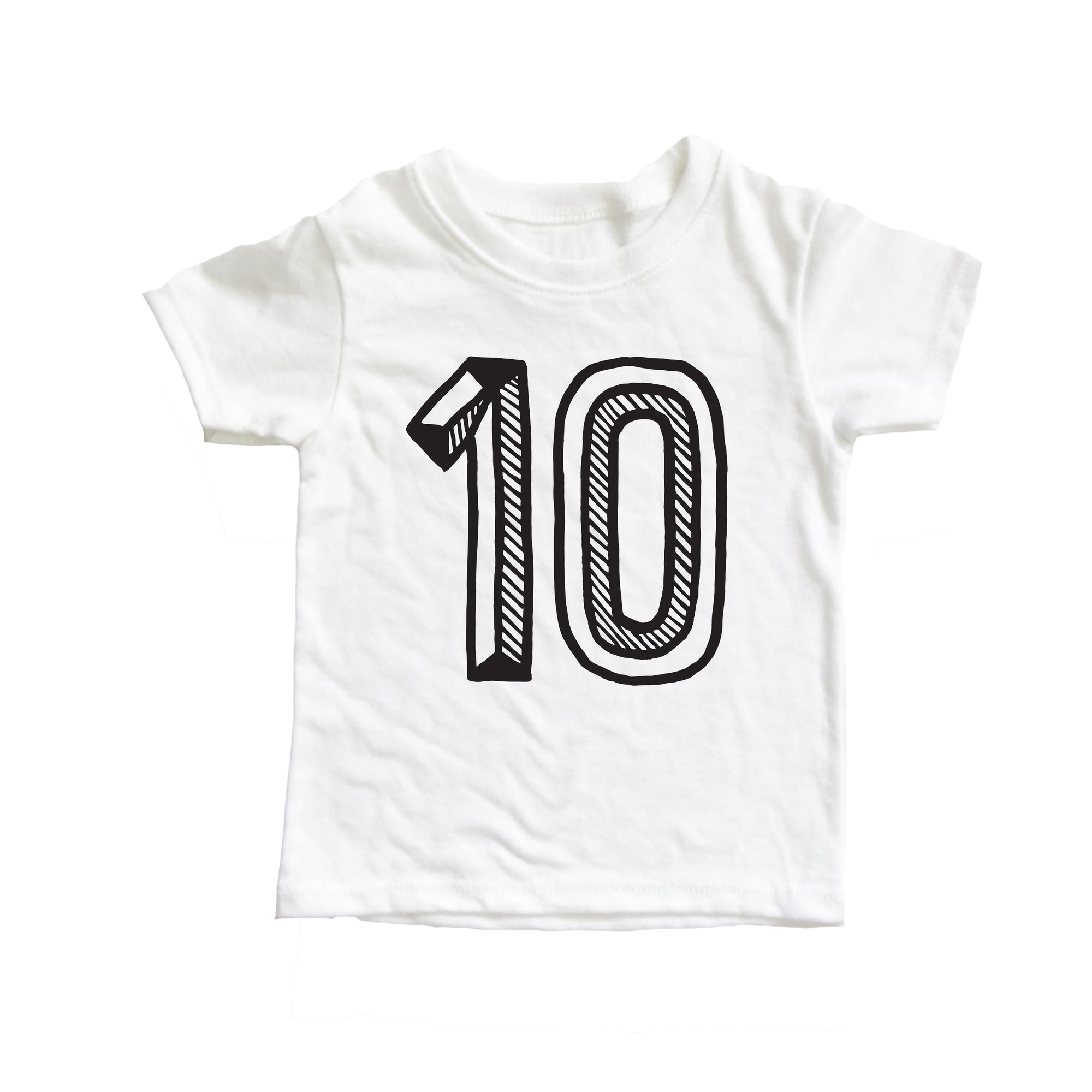 White tee with black screen print of a number 10.