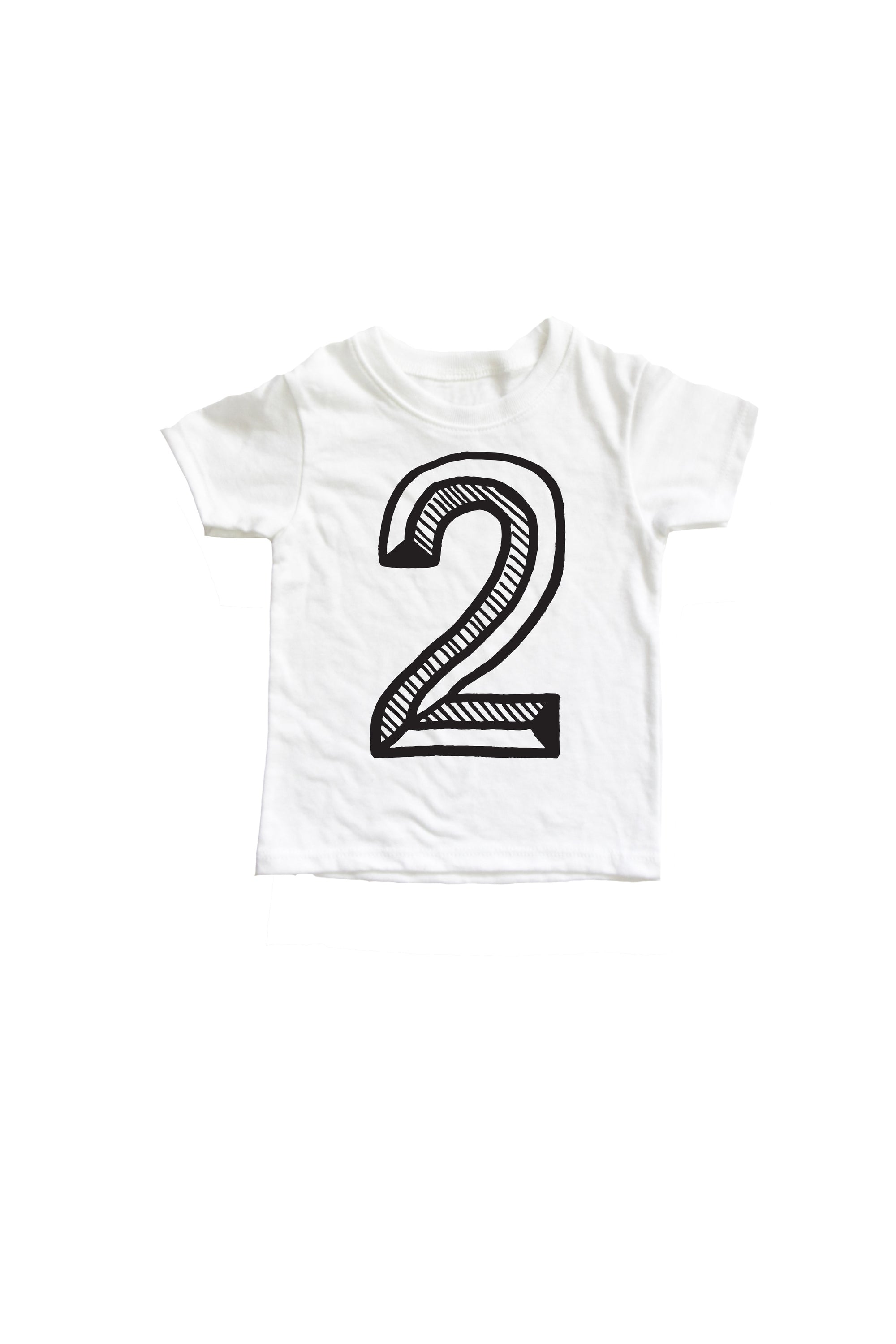 White tee with black screen print of a number 2.