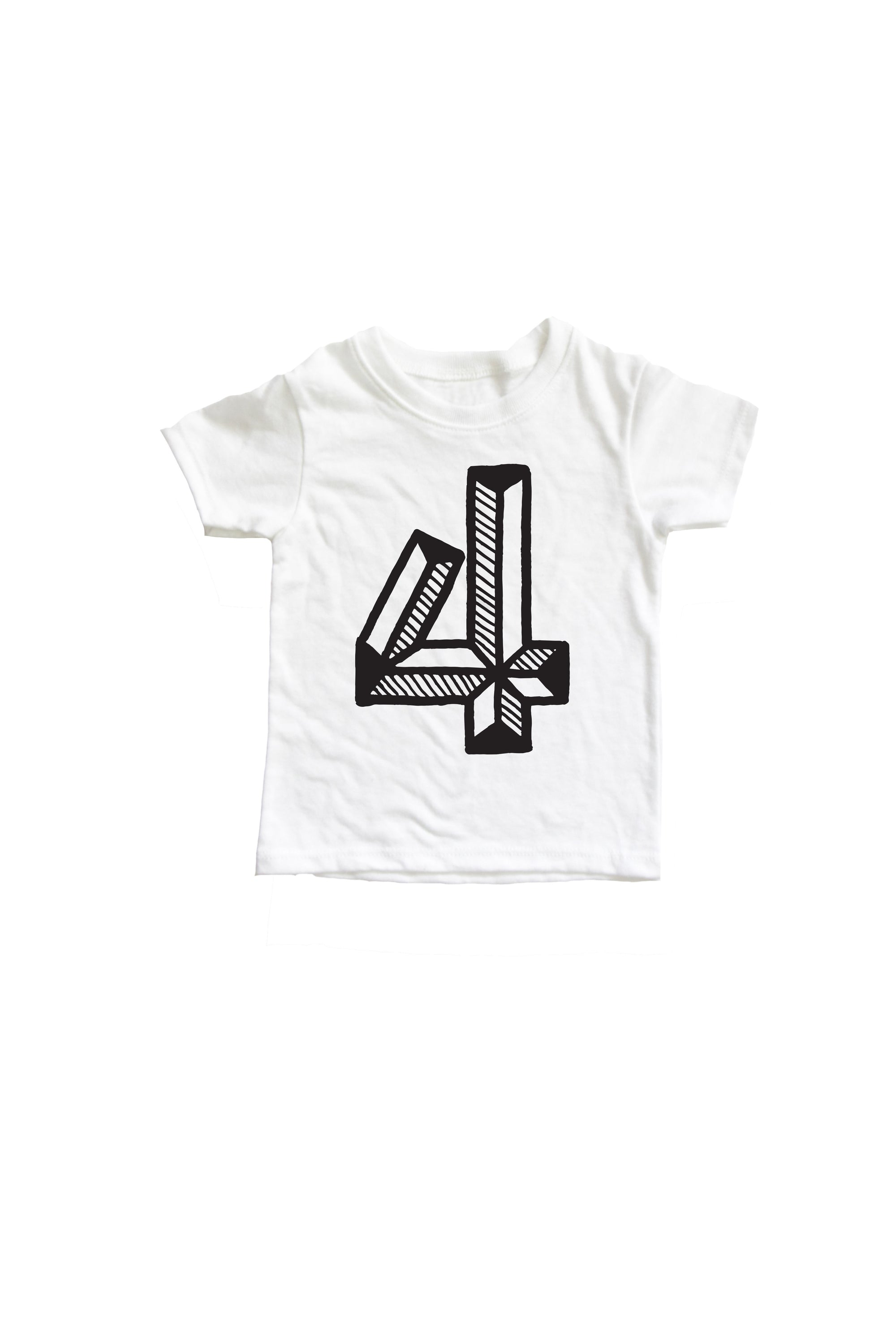 White tee with black screen print of a number 4.