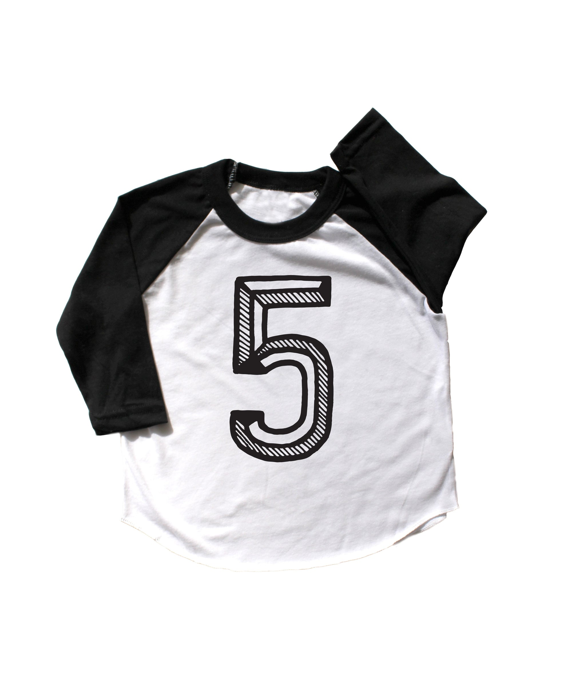 Baseball tee white with black sleeves screen printed with black number 5.