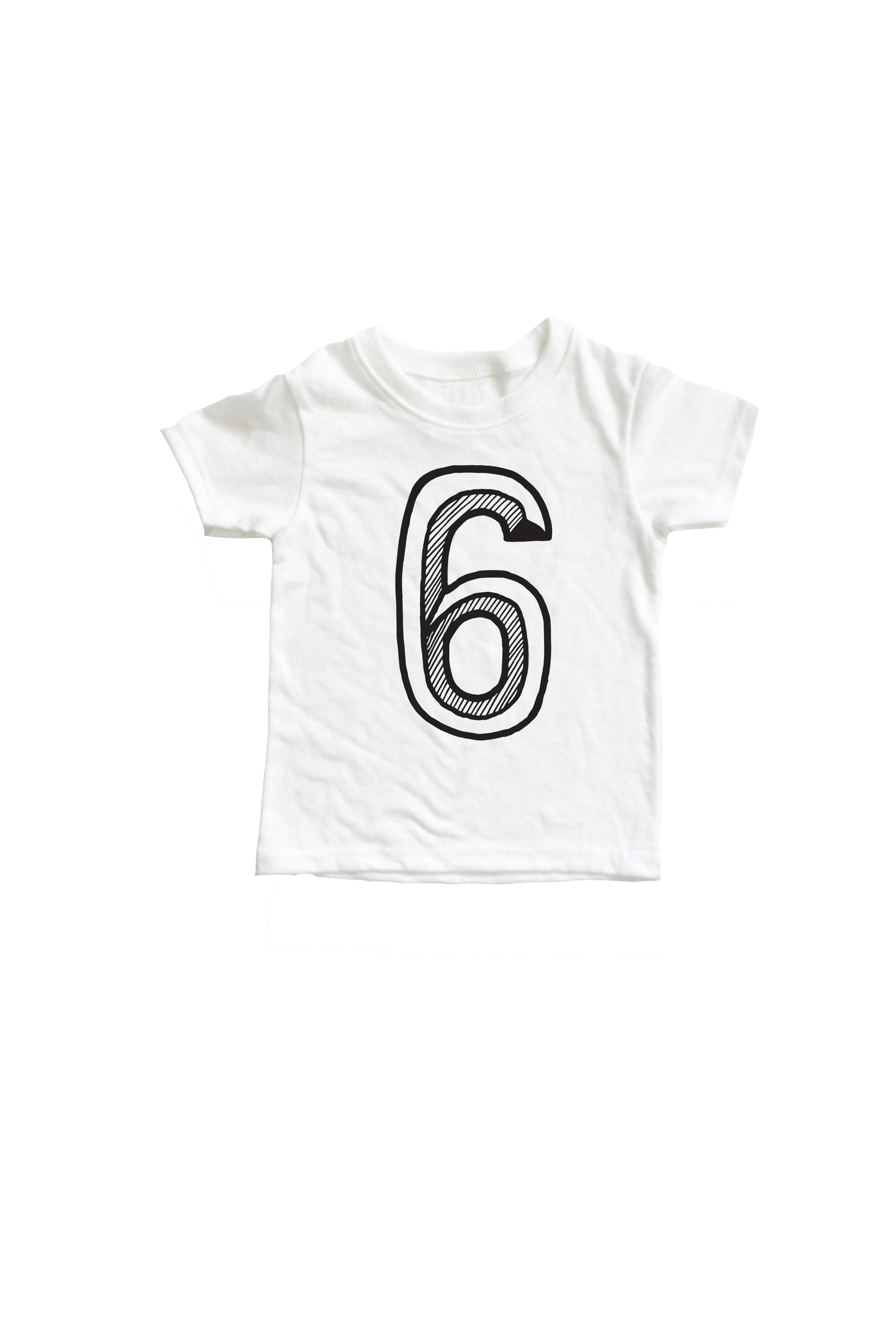 White tee with black screen print of a number 6.