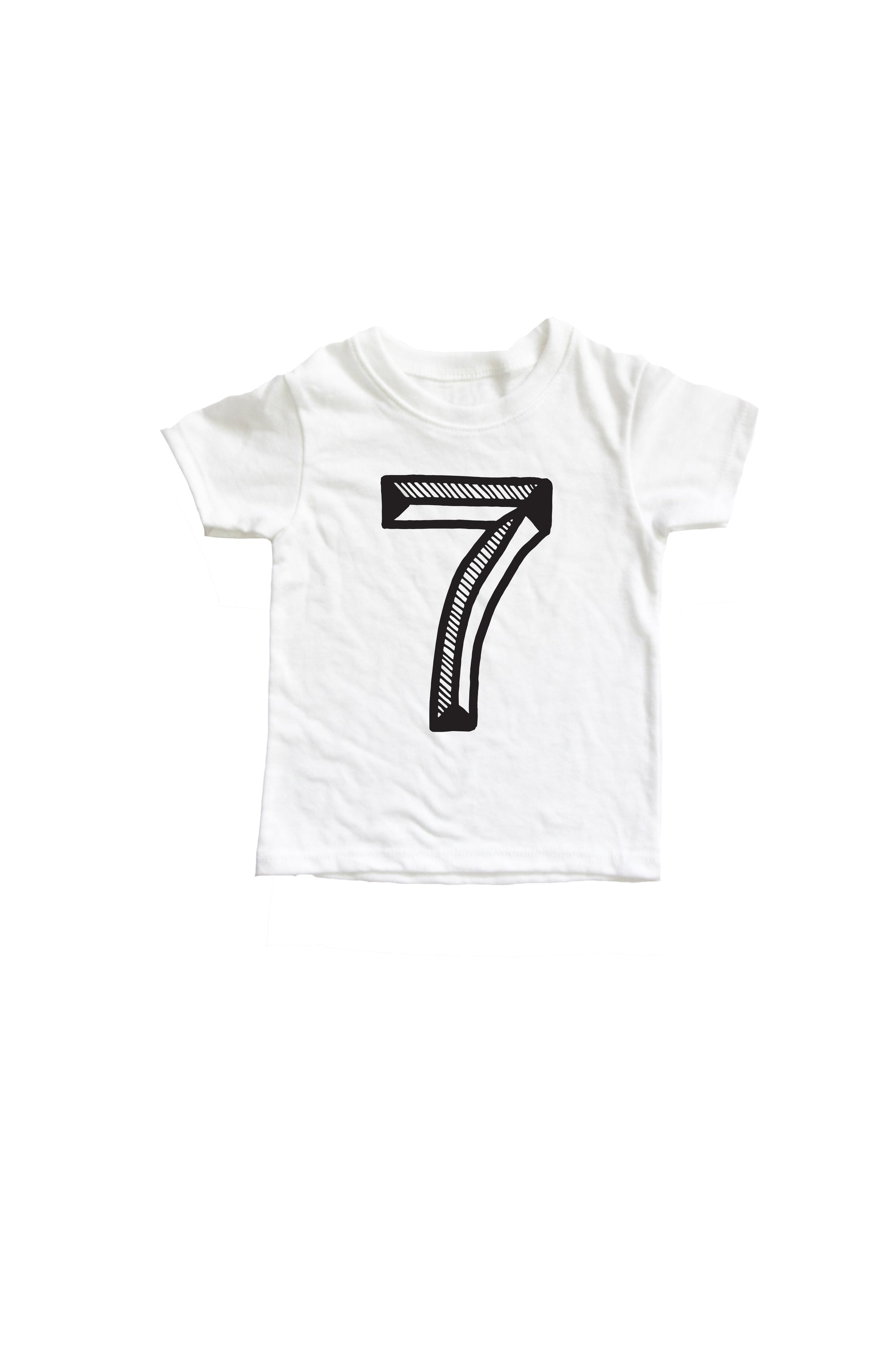 White tee with black screen print of a number 7.