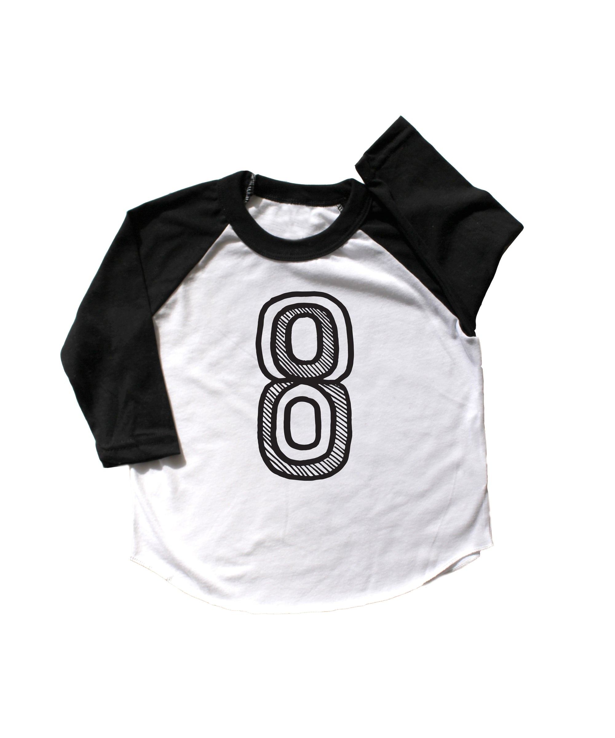 Baseball tee white with black sleeves screen printed with black number 8.