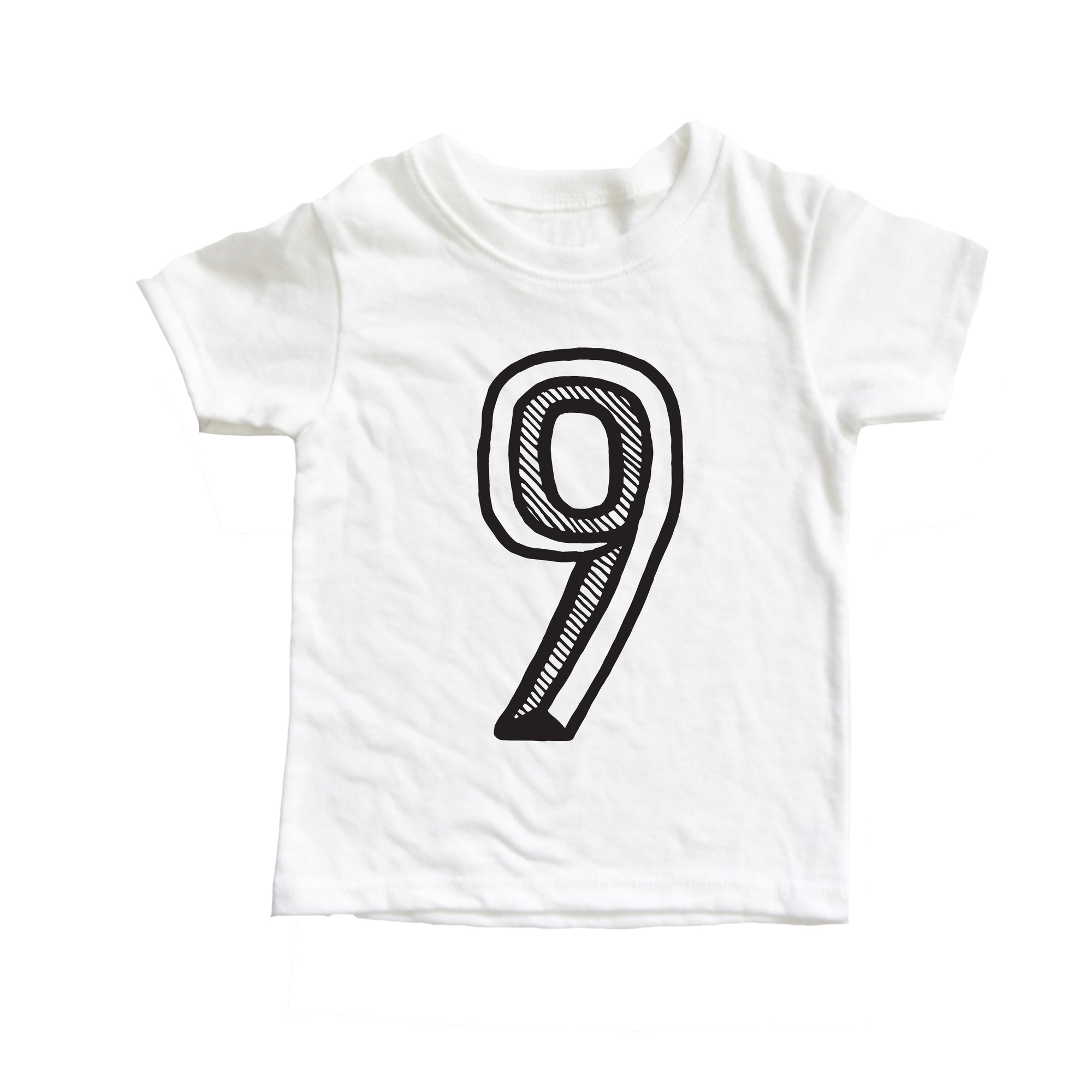 White tee with black screen print of a number 9.
