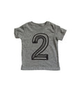Gray tee screen printed with black number 2.