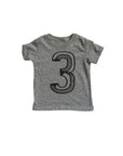 Gray tee screen printed with black number 3.