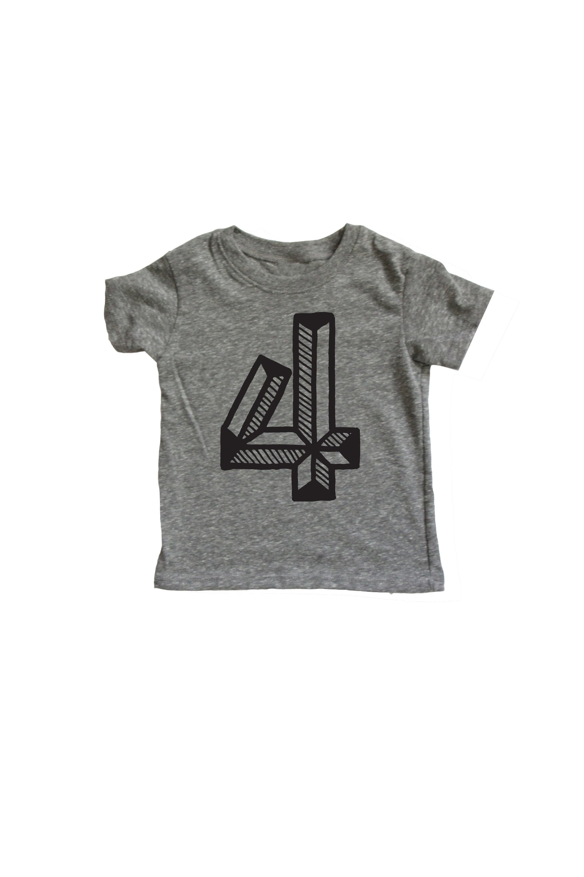 Gray tee screen printed with black number 4.