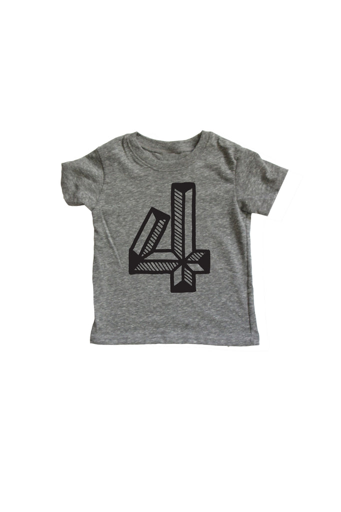 Gray tee screen printed with black number 4.