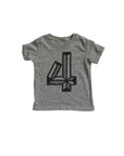 Gray tee screen printed with black number 4.