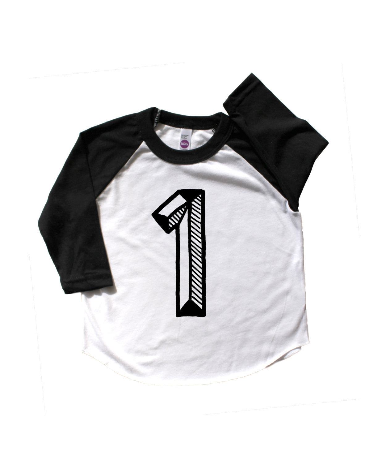 Baseball tee white with black sleeves screen printed with black number 1.