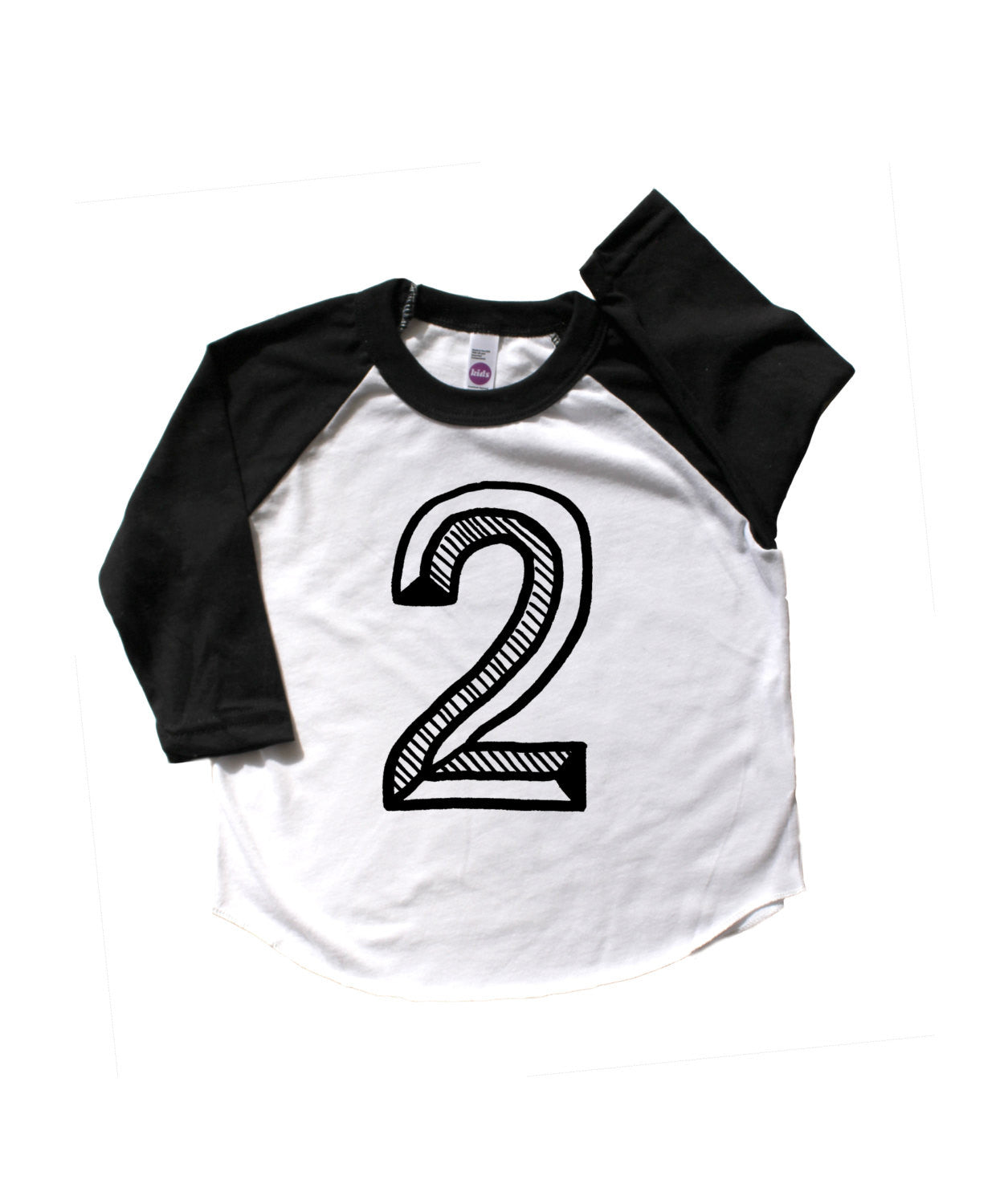 Baseball tee white with black sleeves screen printed with black number 2.