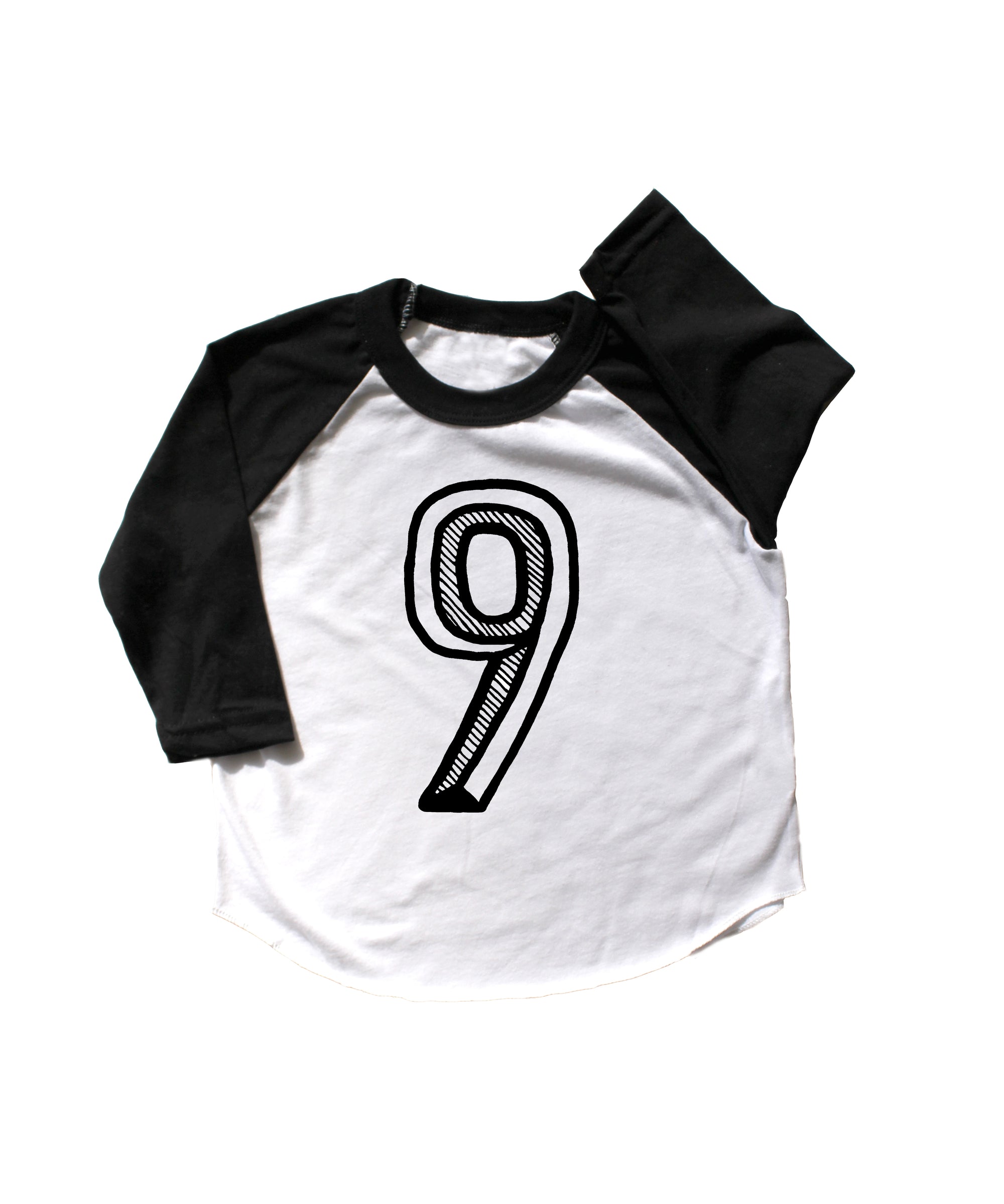 Baseball tee white with black sleeves screen printed with black number 9.