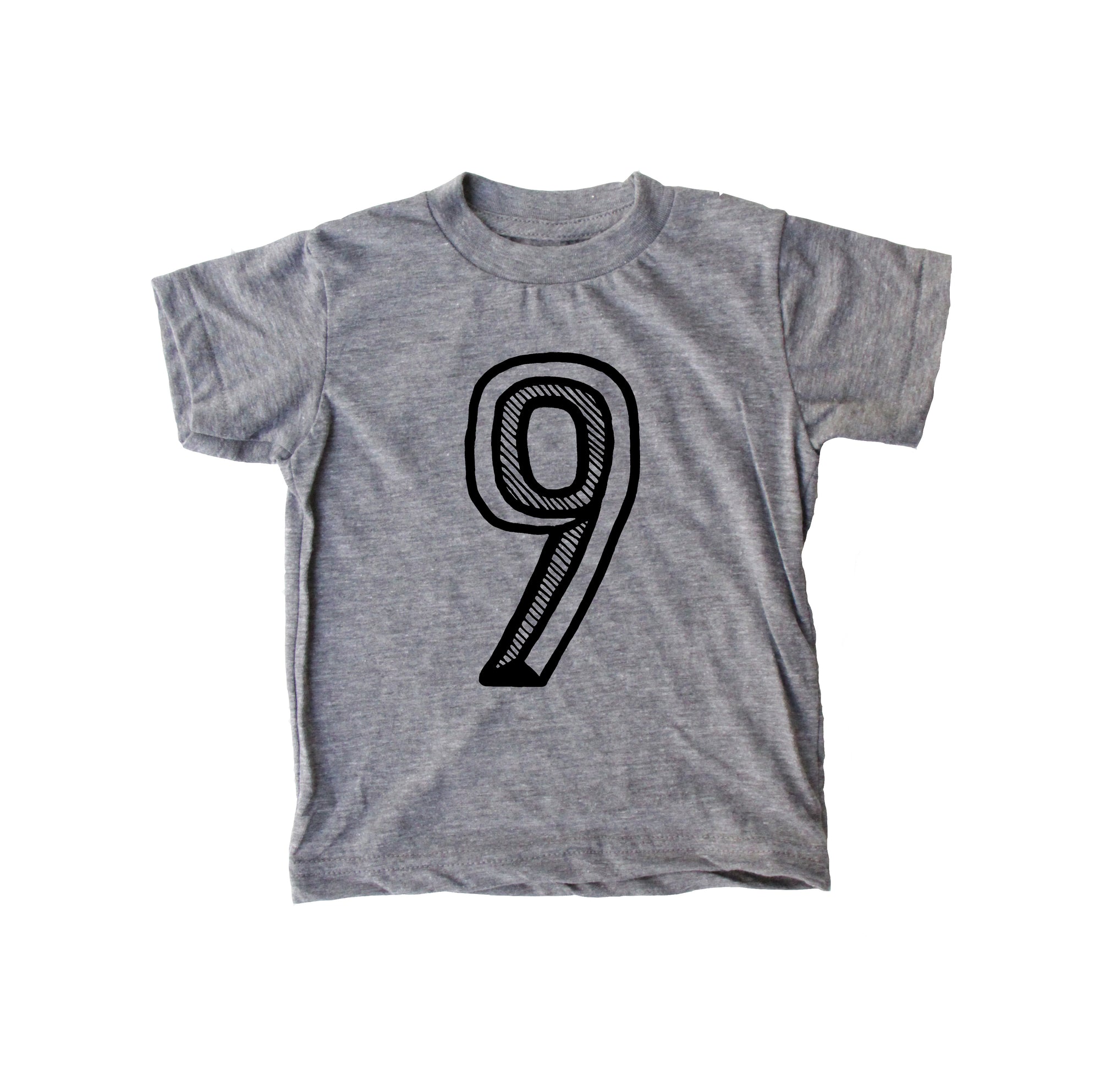 Gray tee screen printed with black number 9.