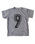 Gray tee screen printed with black number 9.