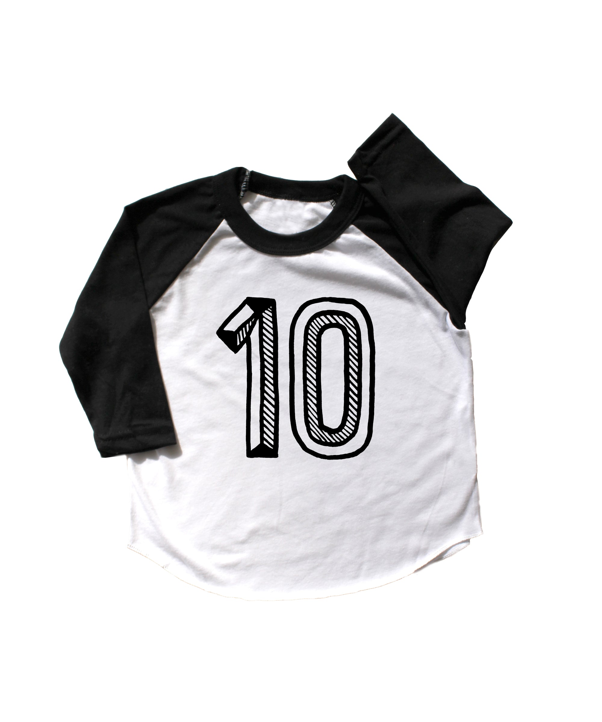 Baseball tee white with black sleeves screen printed with black number 10.