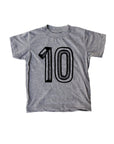 Gray tee screen printed with black number 10.