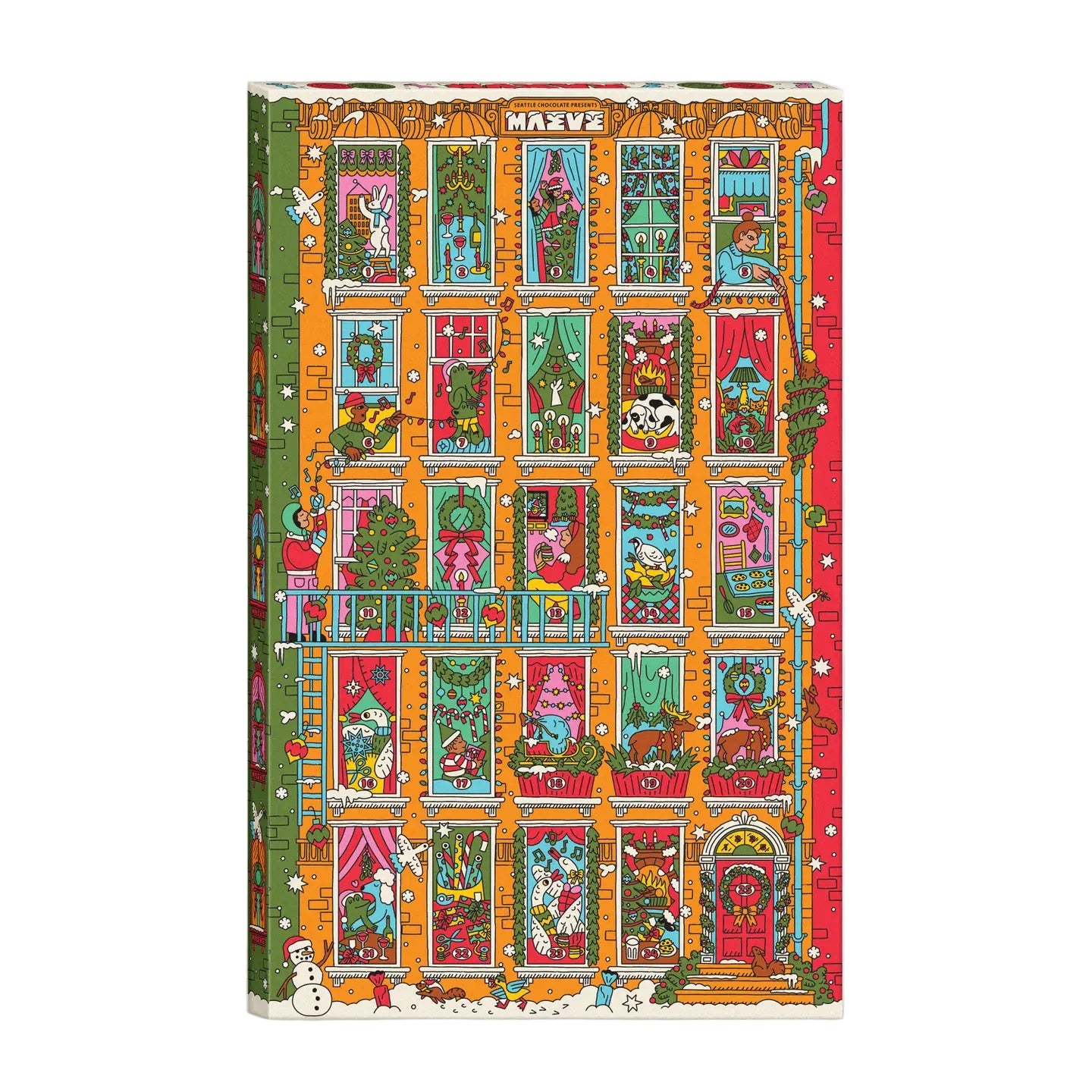 Advent calendar with a colorful illustration of a festive building, each window depicting joyful holiday scenes with characters, decorations, and a vibrant, cheerful atmosphere.