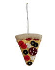 Felt pizza slice ornament on a white background