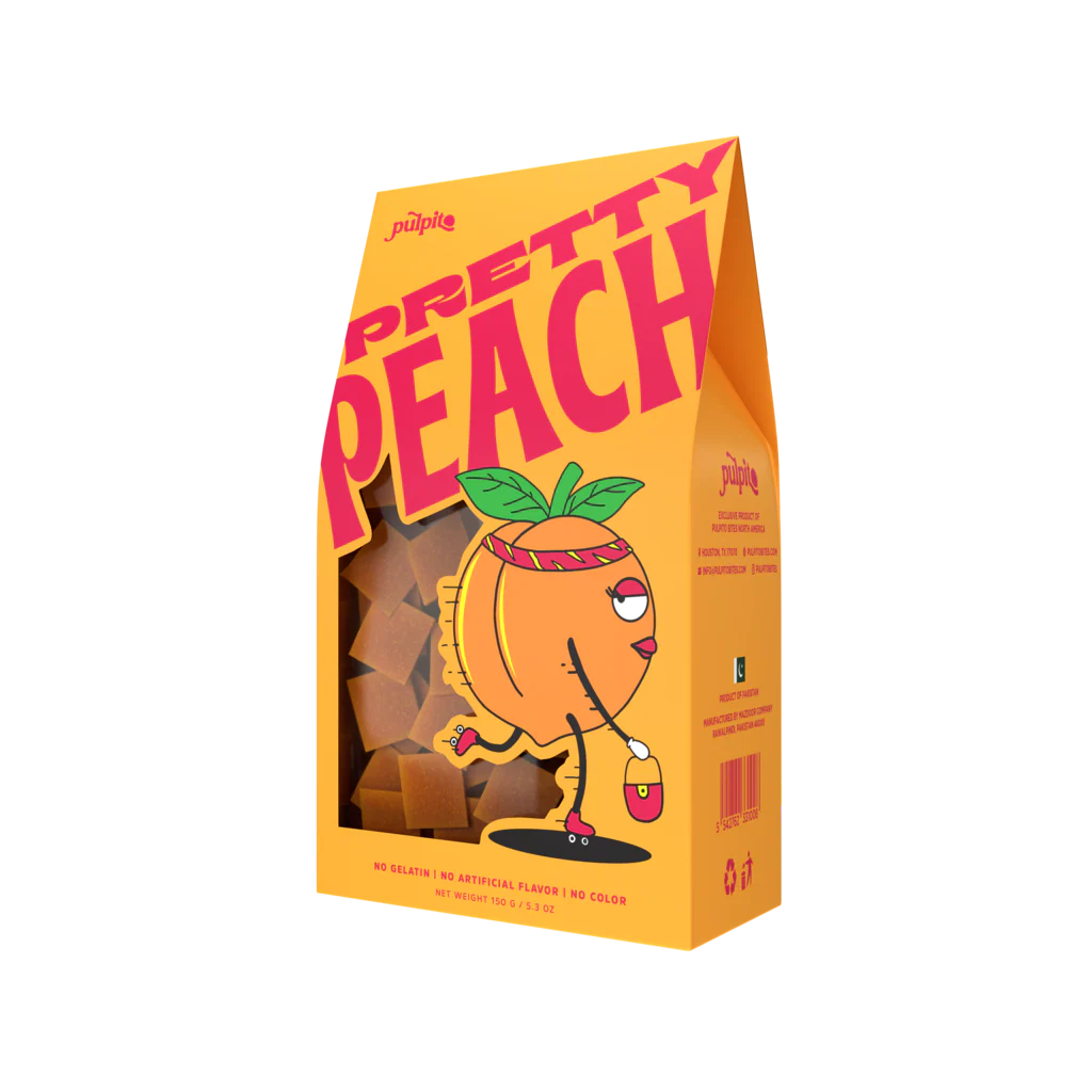 Stylish package featuring cartoon peach character on skates with a purse. Bold text reads "Pretty Peach." Bright, playful tone with peach treats visible.