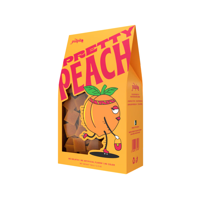 Stylish package featuring cartoon peach character on skates with a purse. Bold text reads "Pretty Peach." Bright, playful tone with peach treats visible.