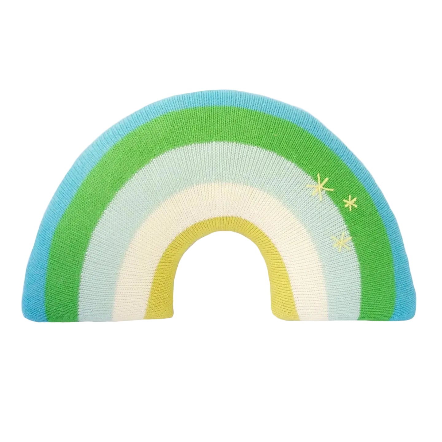 Colorful knit rainbow with stars on a white background